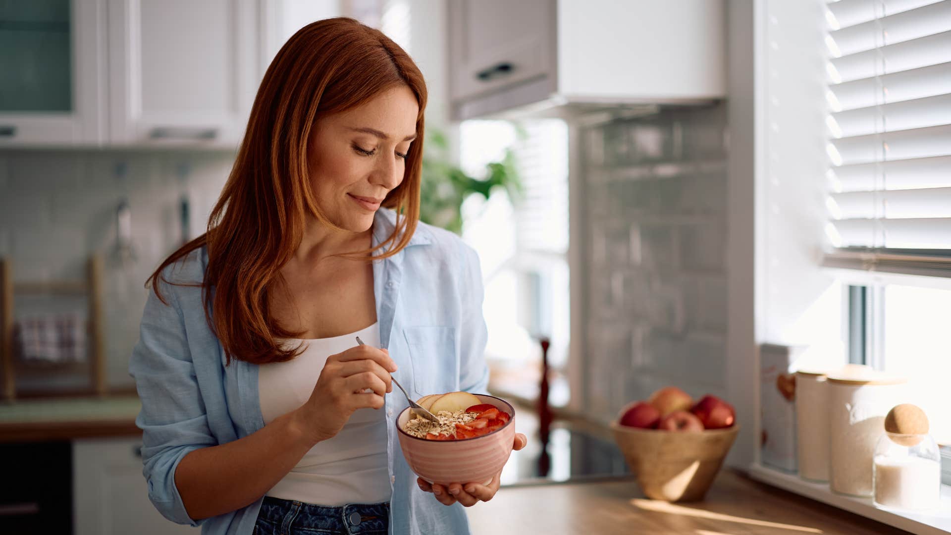 woman eating healthy food to fight stress