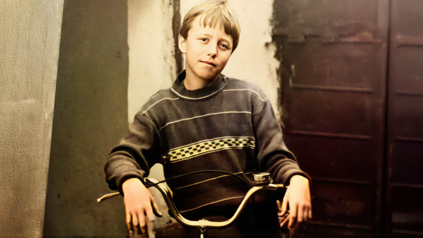 nostalgic Gen X kid riding a bike or doing a simple hands-on task independently, capturing the basic life skills every Gen X person had mastered by the age of twelve.