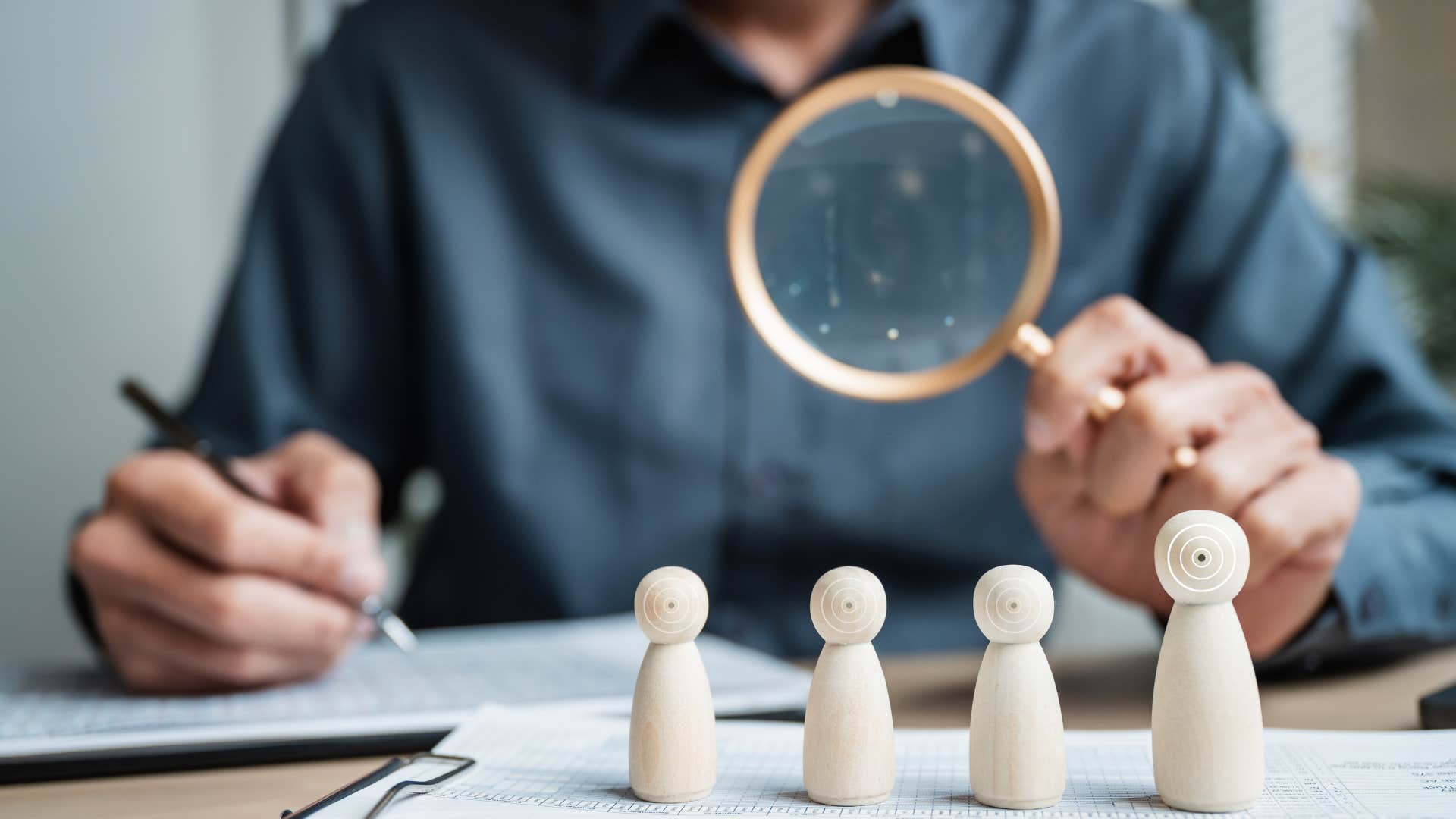 Diligent accountant uses magnifier on abstract people showing habit of visionaries