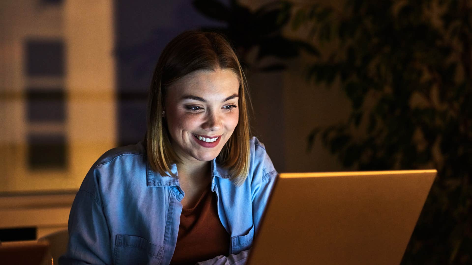 Excited person on computer sees potential showing habit of visionaries