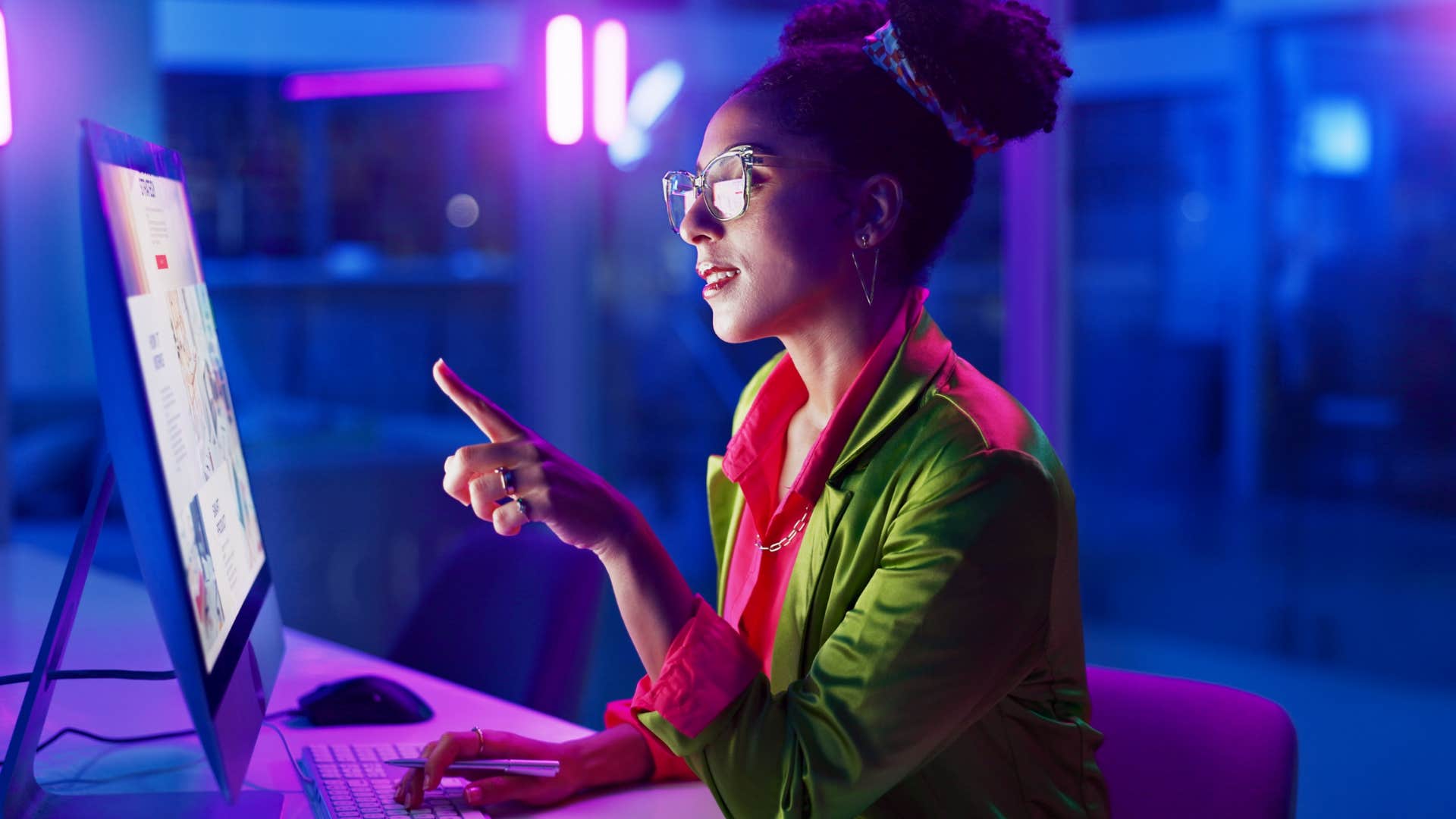 Focused person works on computer showing way visualize happiness