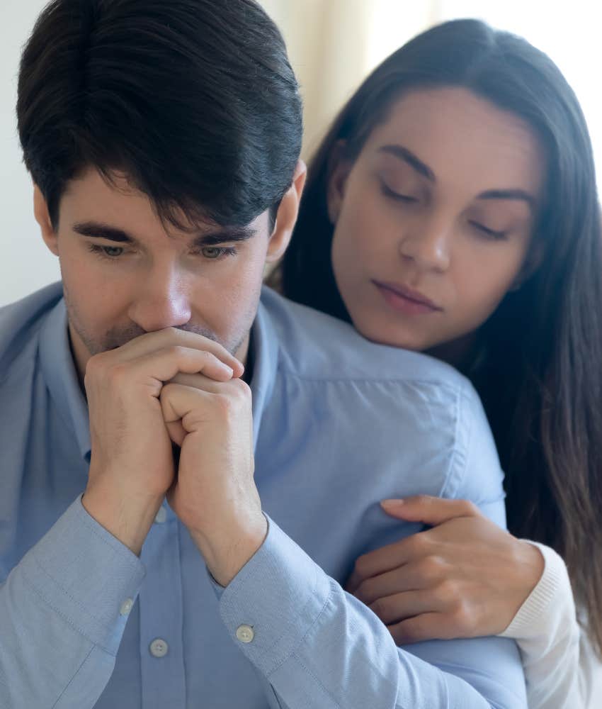 Forgiving person comforts partner showing choice happy person makes