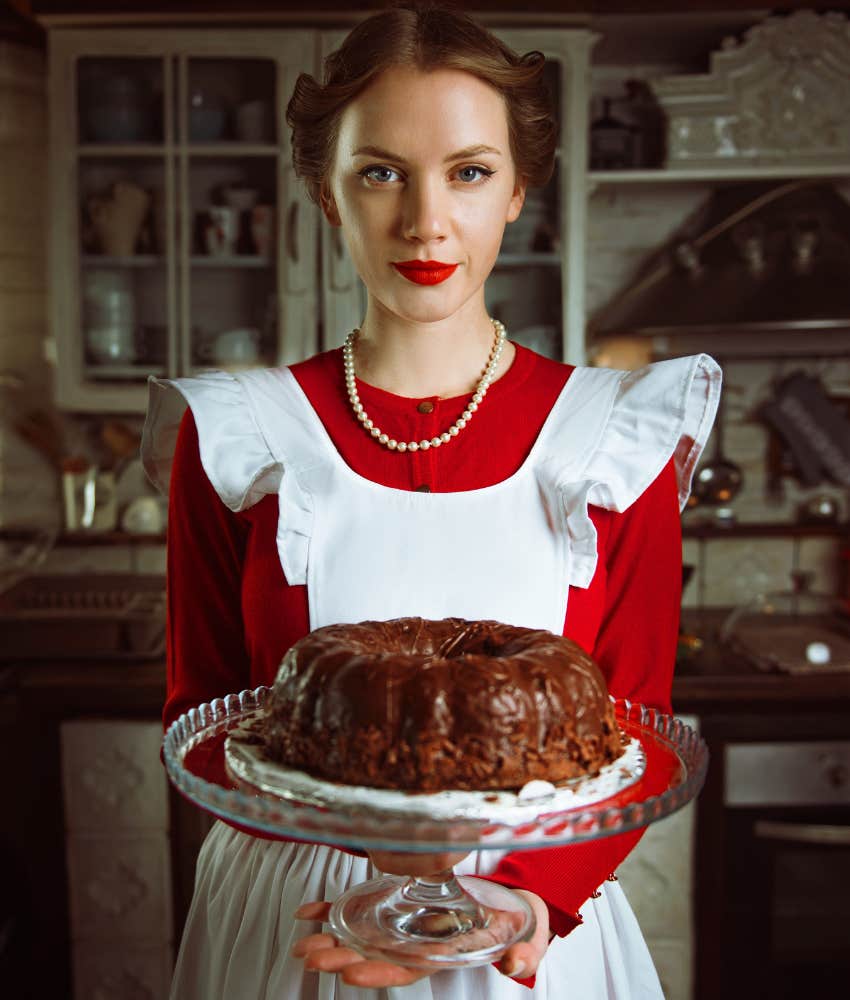 Woman representing a traditional wife that boyfriend complained no longer exists