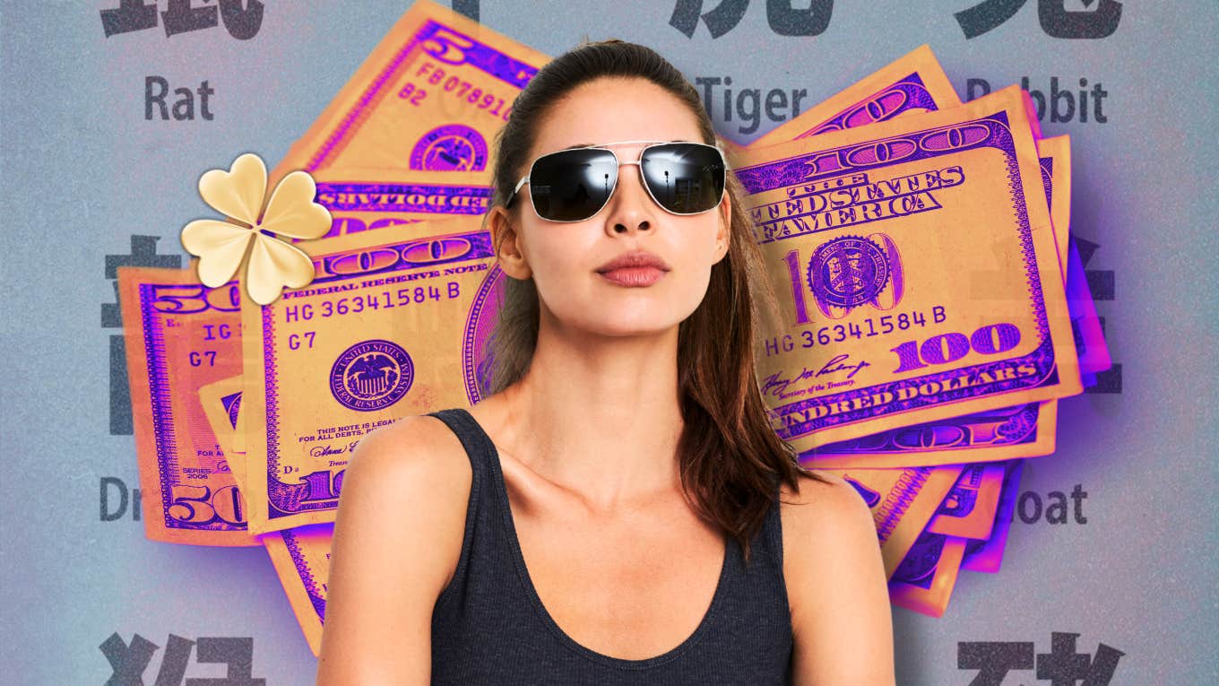 Woman in front of Chinese zodiac signs and stacks of money attracting wealth and abundance on December 5, 2025