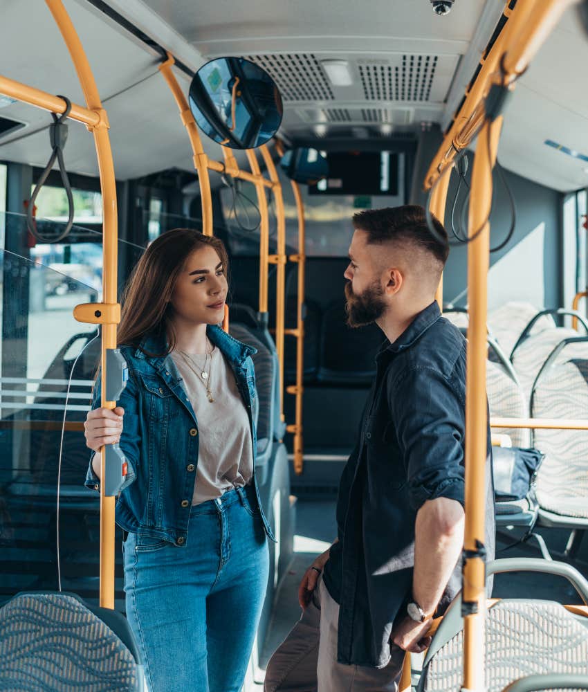 strangers talking on their daily bus commute