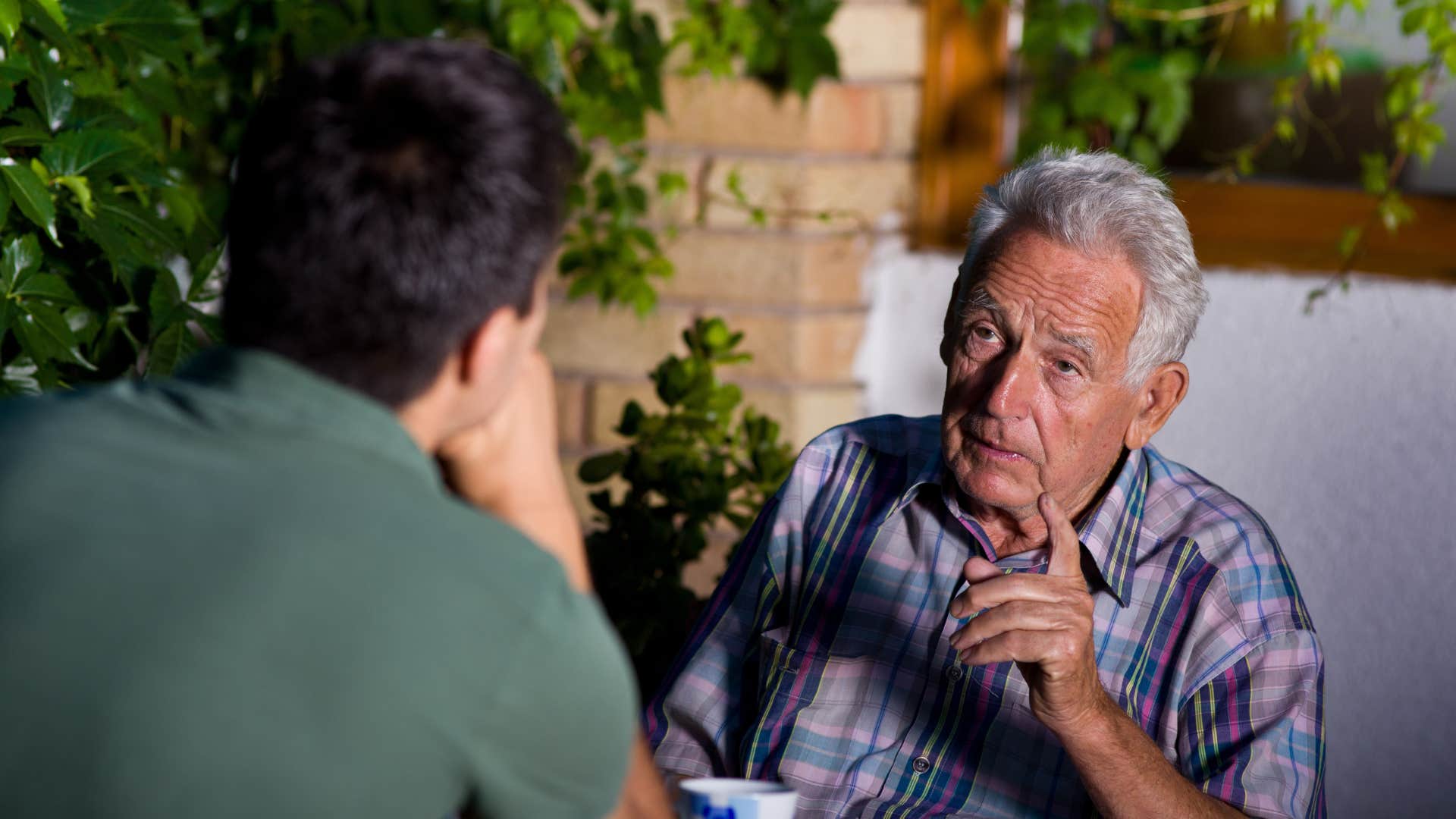 narcissistic older man talking to son comparing his hardships