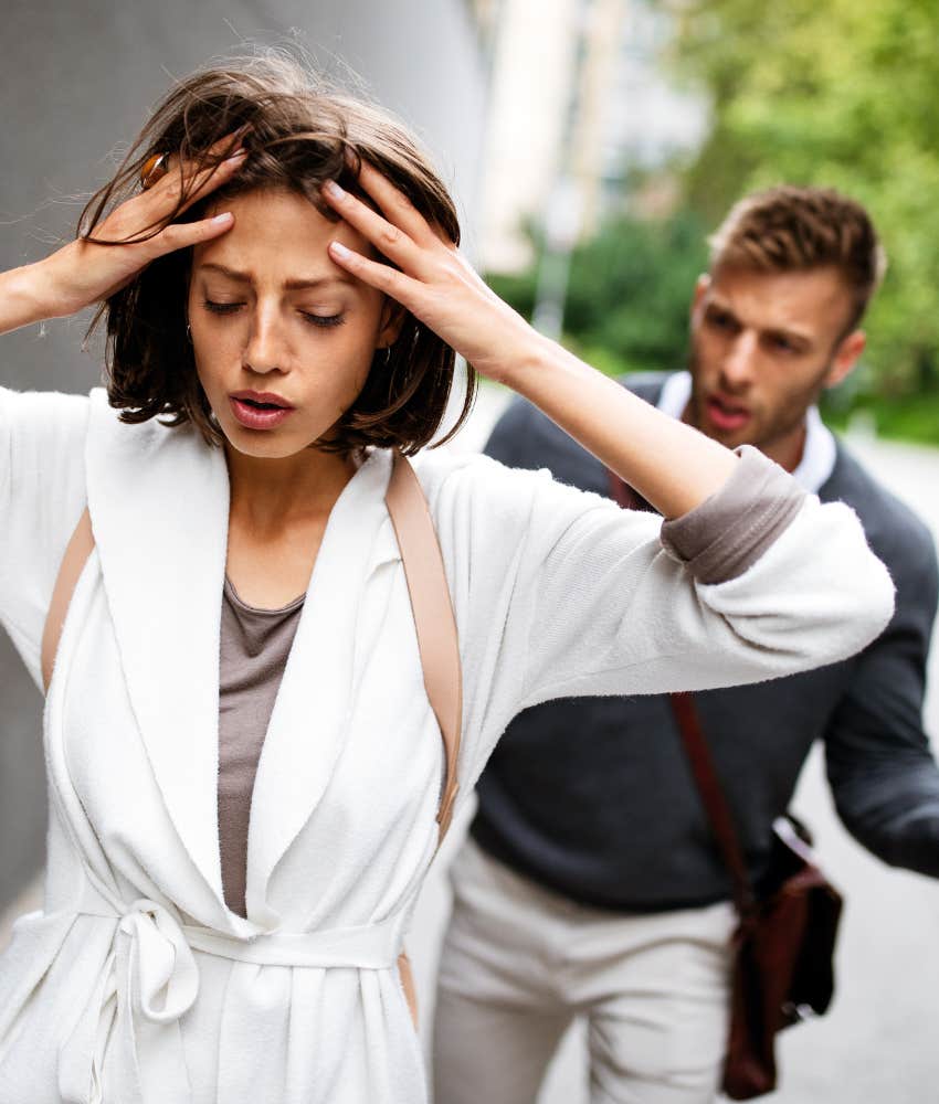 Frustrated person pursued by upset partner showing habit drains happiness