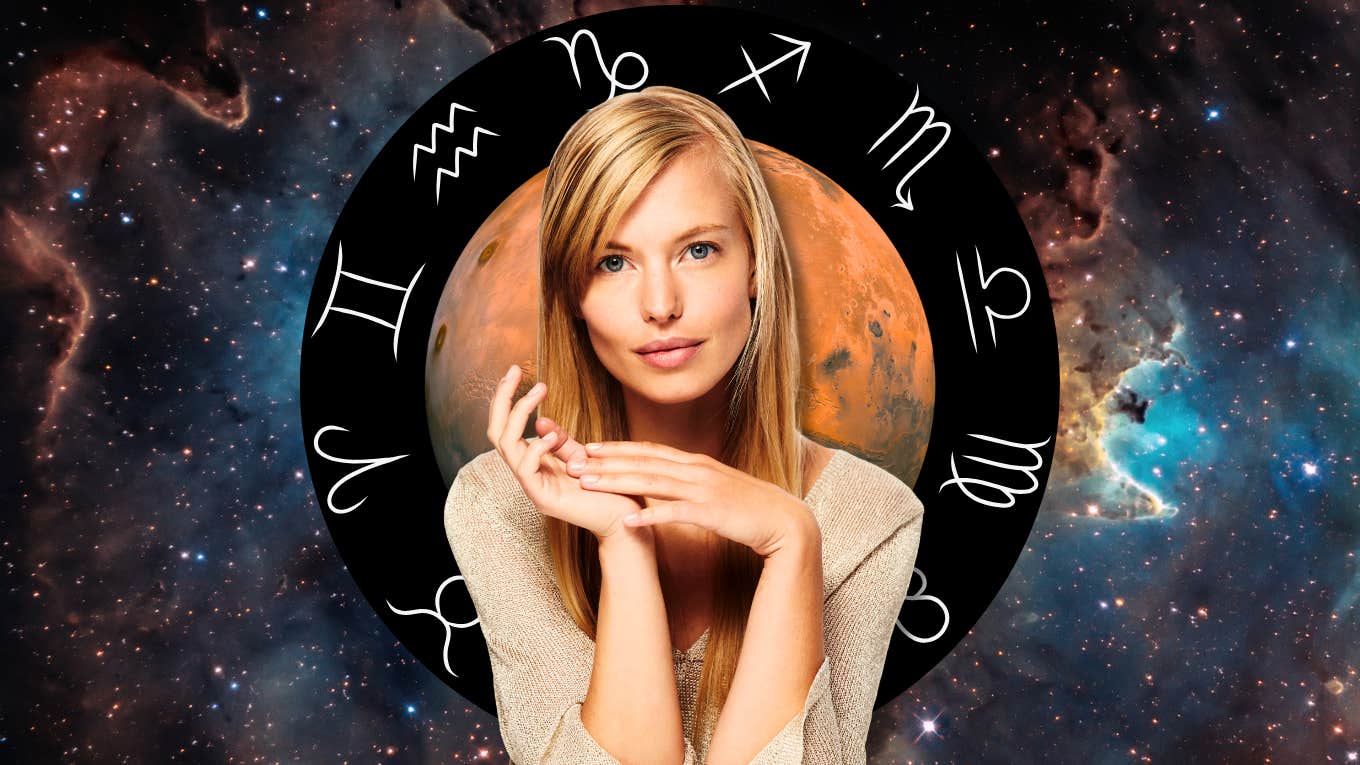 Woman in front of a circular zodiac chart and galaxy background, representing daily horoscopes for each zodiac sign on Friday, December 5, 2025