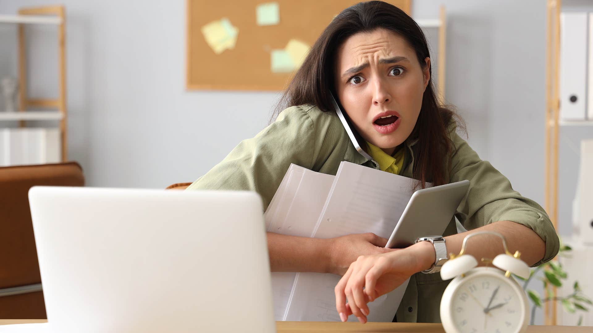 Woman being late to something at work.
