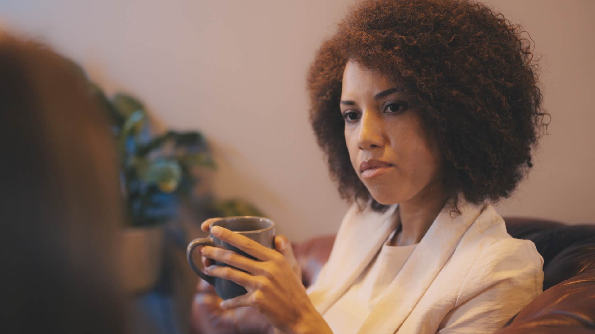 Woman not taking accountability for anything in a conversation.