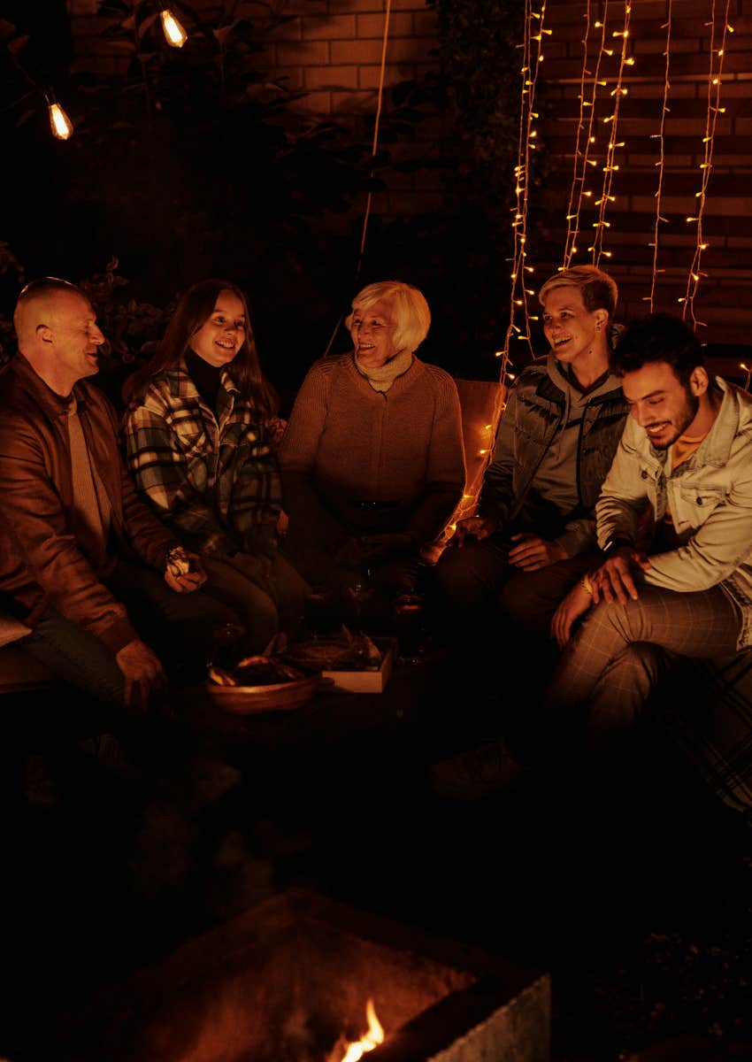outdoor family gathering around fire pit