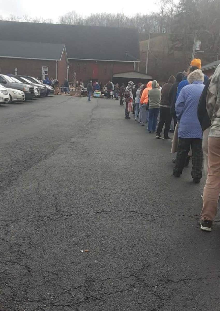 long line at a food bank