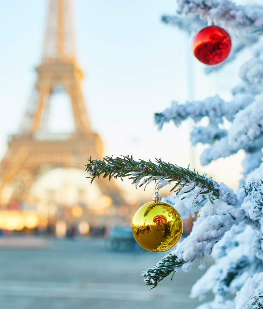Christmas tree and Eiffel Tower in Paris, France