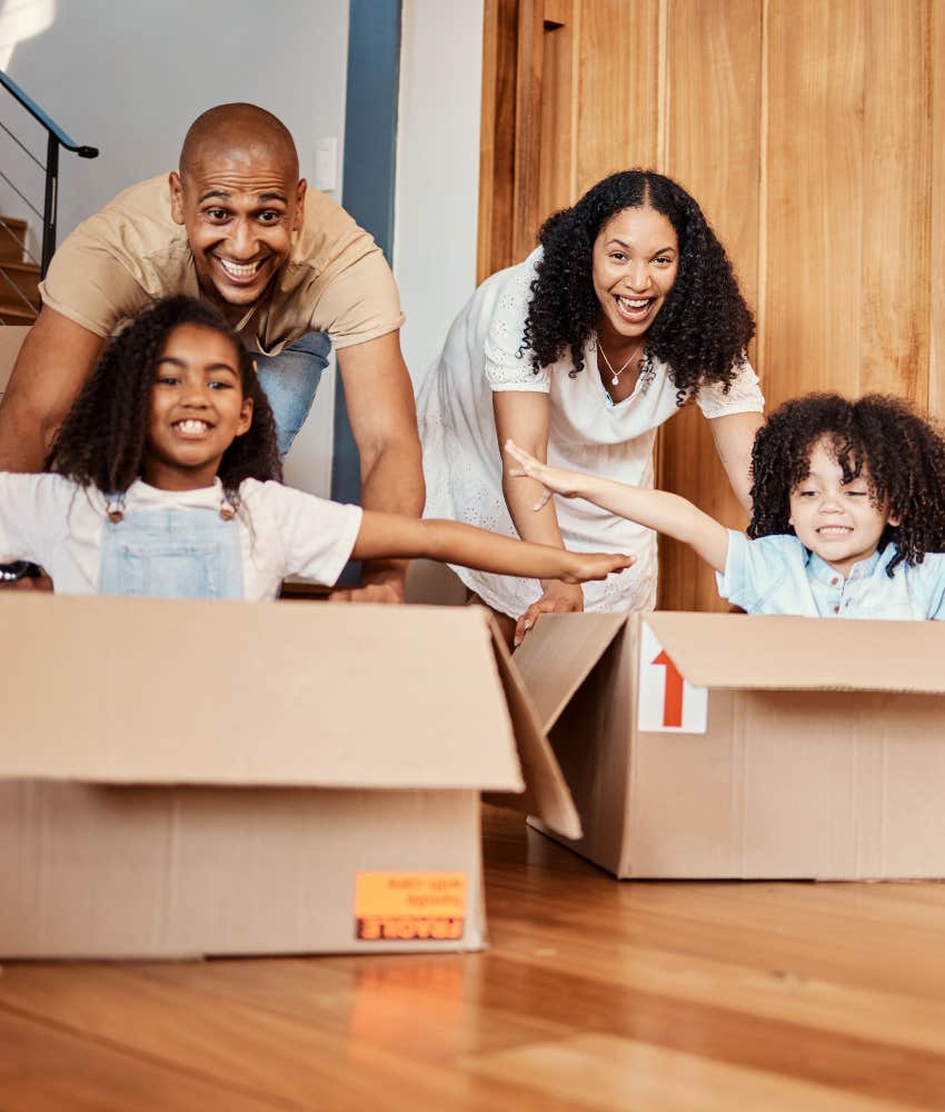 Happy parents and kids have fun Sunday at home showing way to build strong family