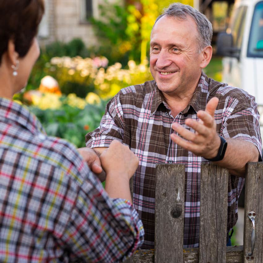 Man talking to neighbors and strangers outside