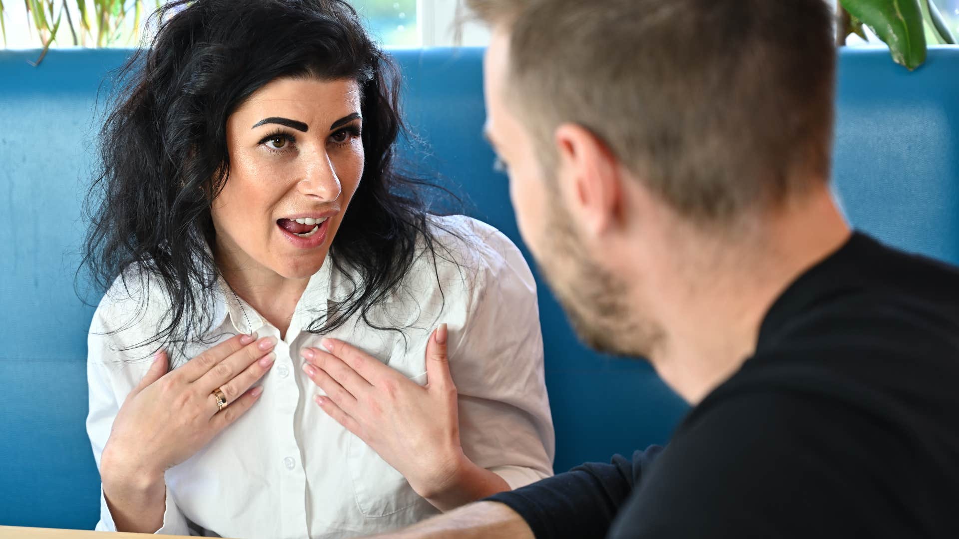 woman who is highly conceited as she focuses the conversation on herself