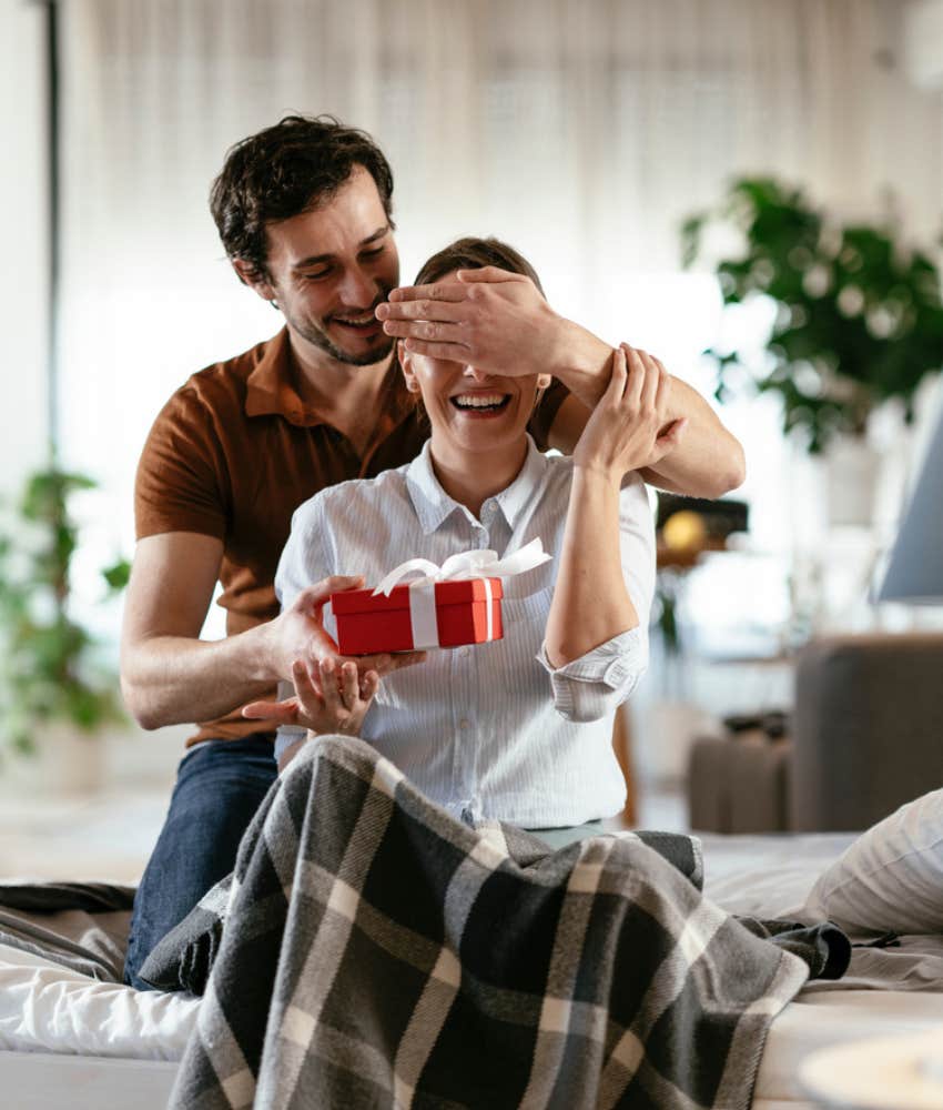 Husband gifting his wife expensive perfume that he expects her to only use on special occasions