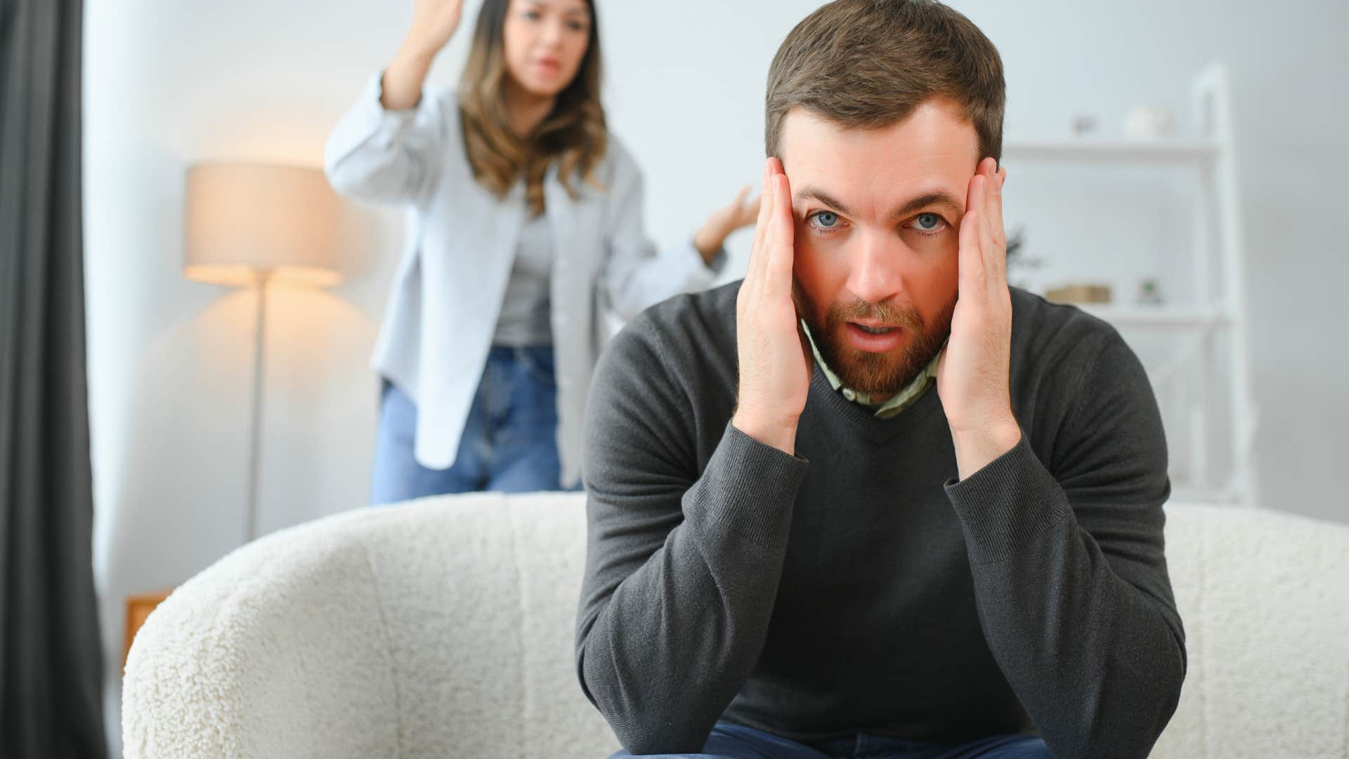 stressed upset man telling yelling wife I don't want to make any promises
