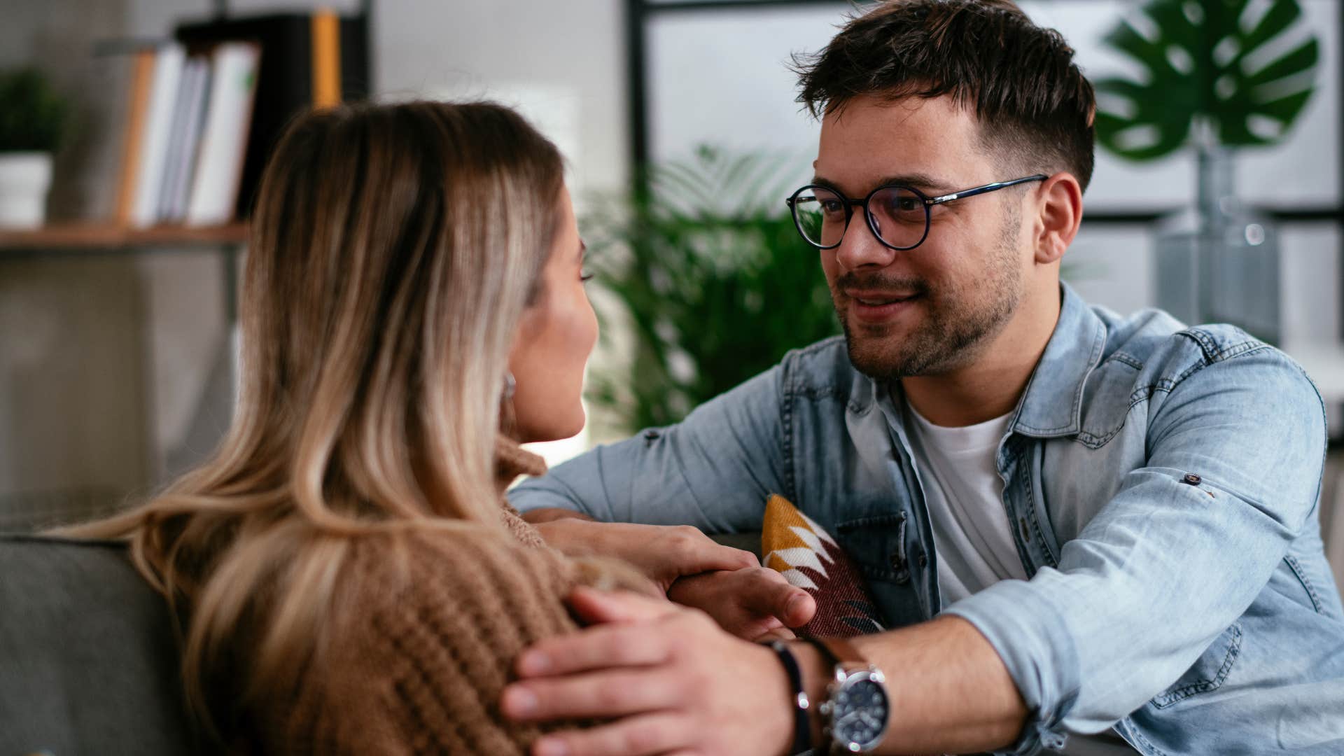 Man saying "I'm so lucky to have you" to his wife.