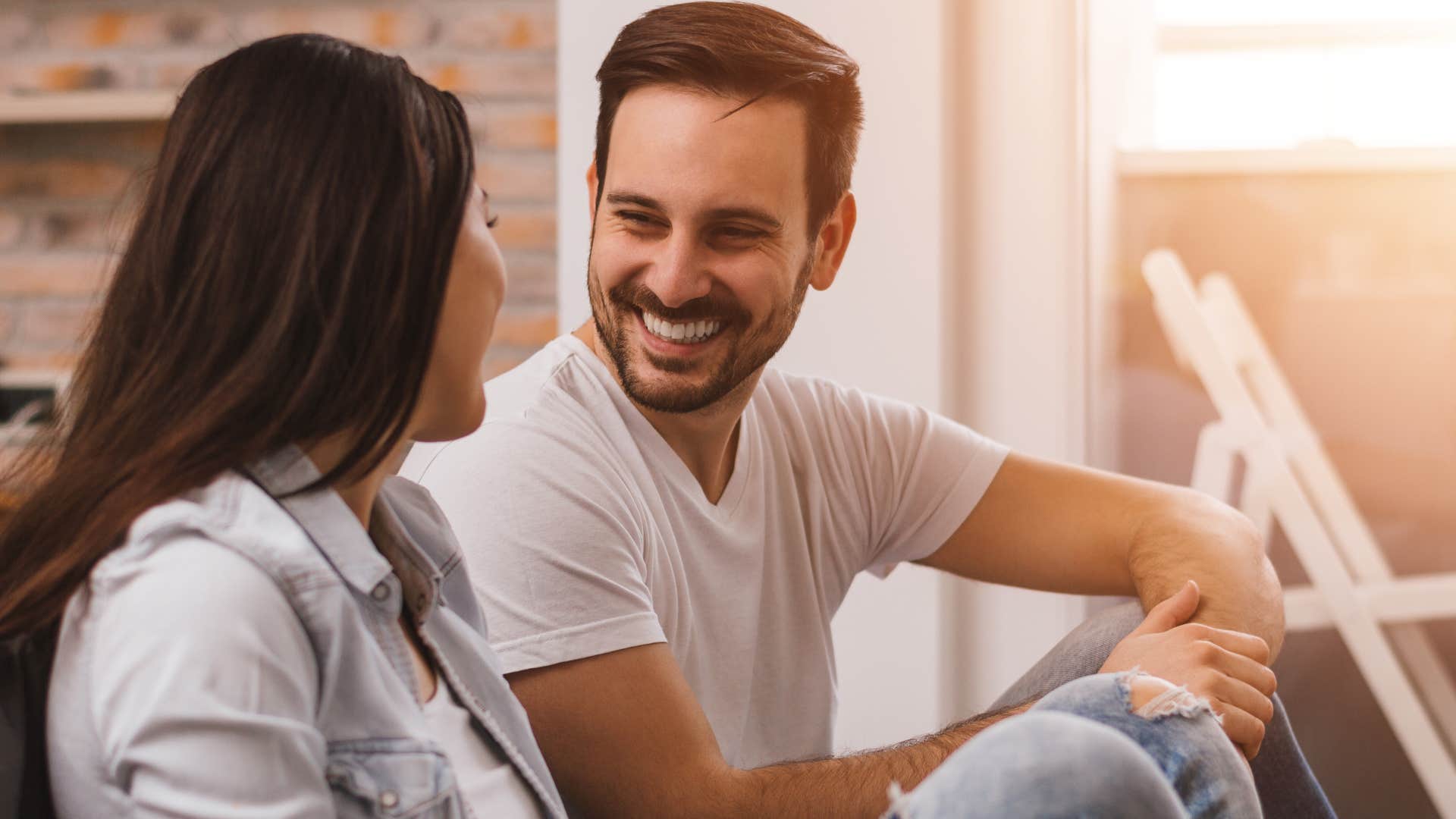 Man saying "you make my life easier" to his happy wife.