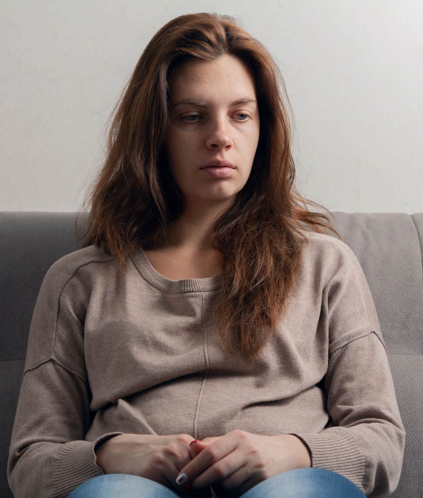 Upset woman feels off balance showing her partner is probably going to cheat agai