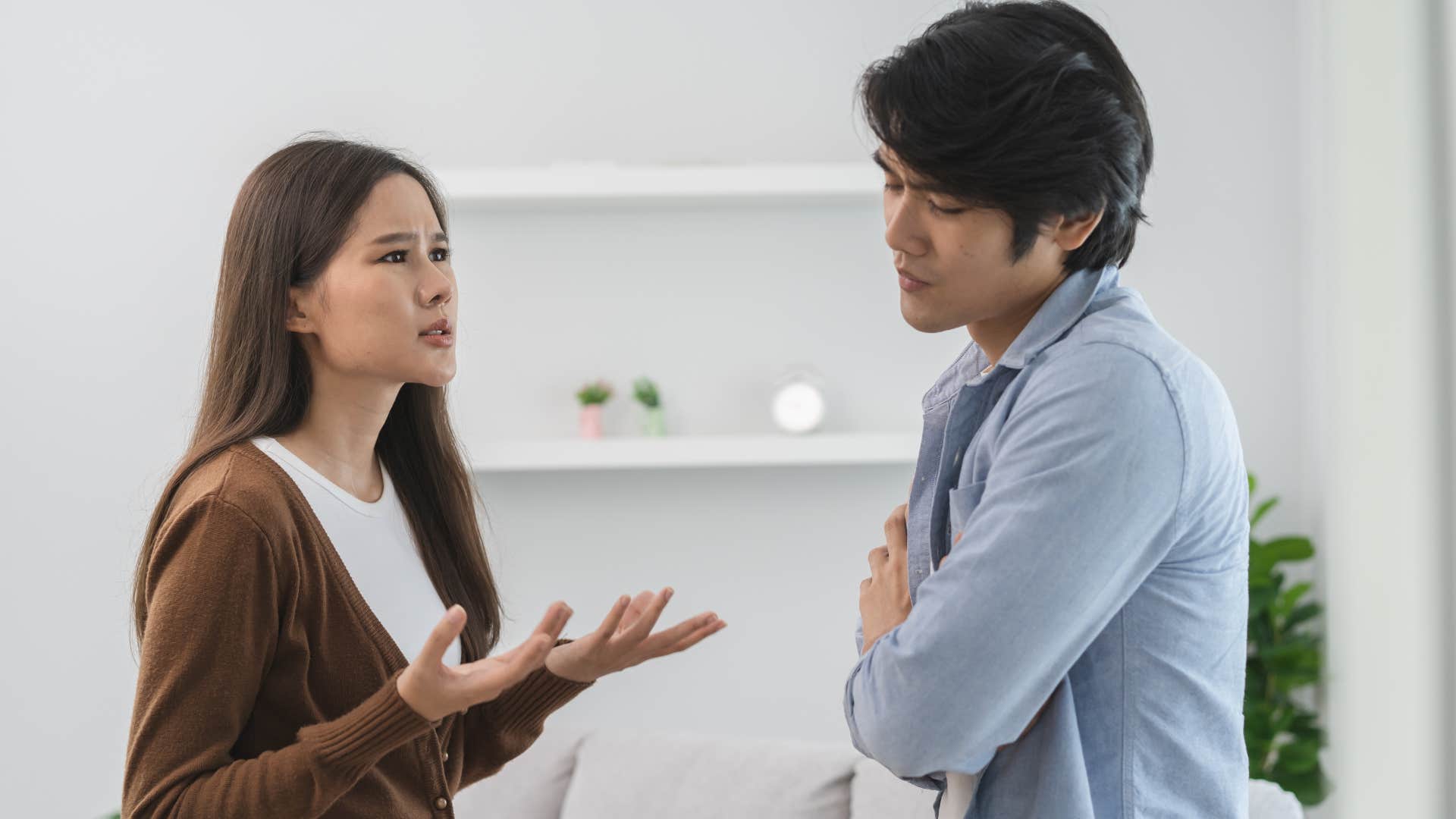 man telling wife dont touch me during conversation