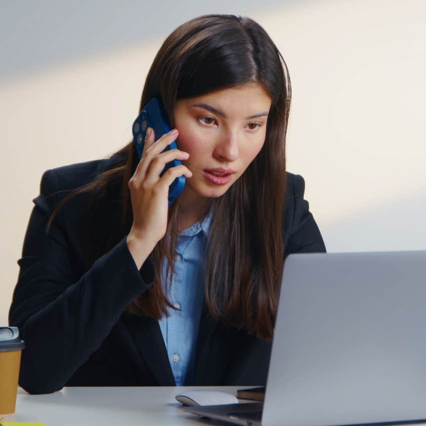 businesswoman on the phone working saying I thought someone else was doing that