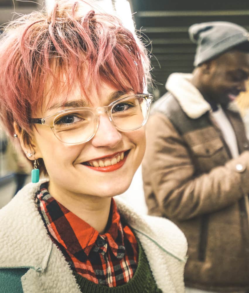 Happy person communicates with a glance showing they are in sync with their partner