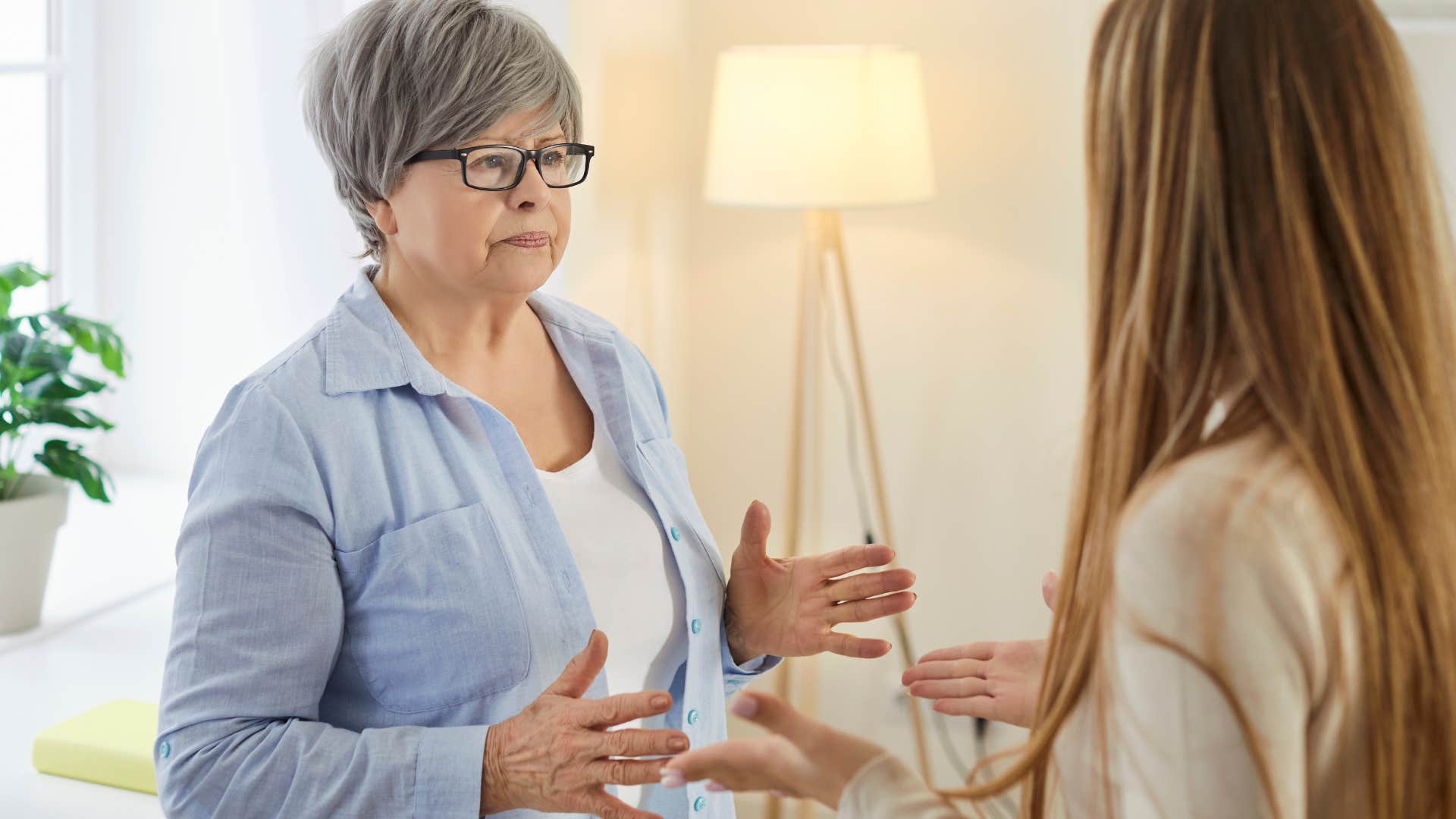 Woman saying "you always need something in return" to her upset mother.