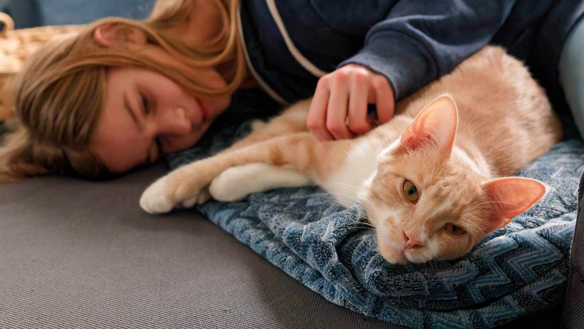 woman lying with cat petting it
