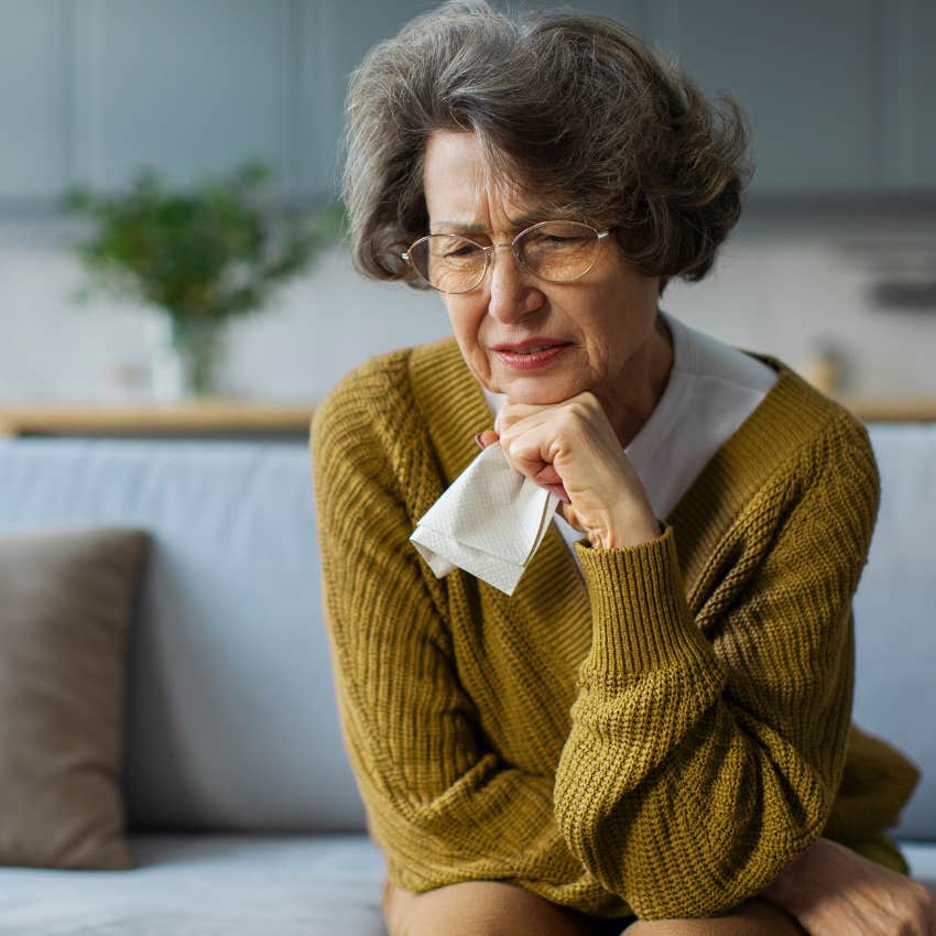sad older woman who's constantly misplacing things thinking