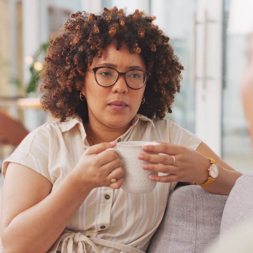 Woman who changes the subject in conversations talking at home