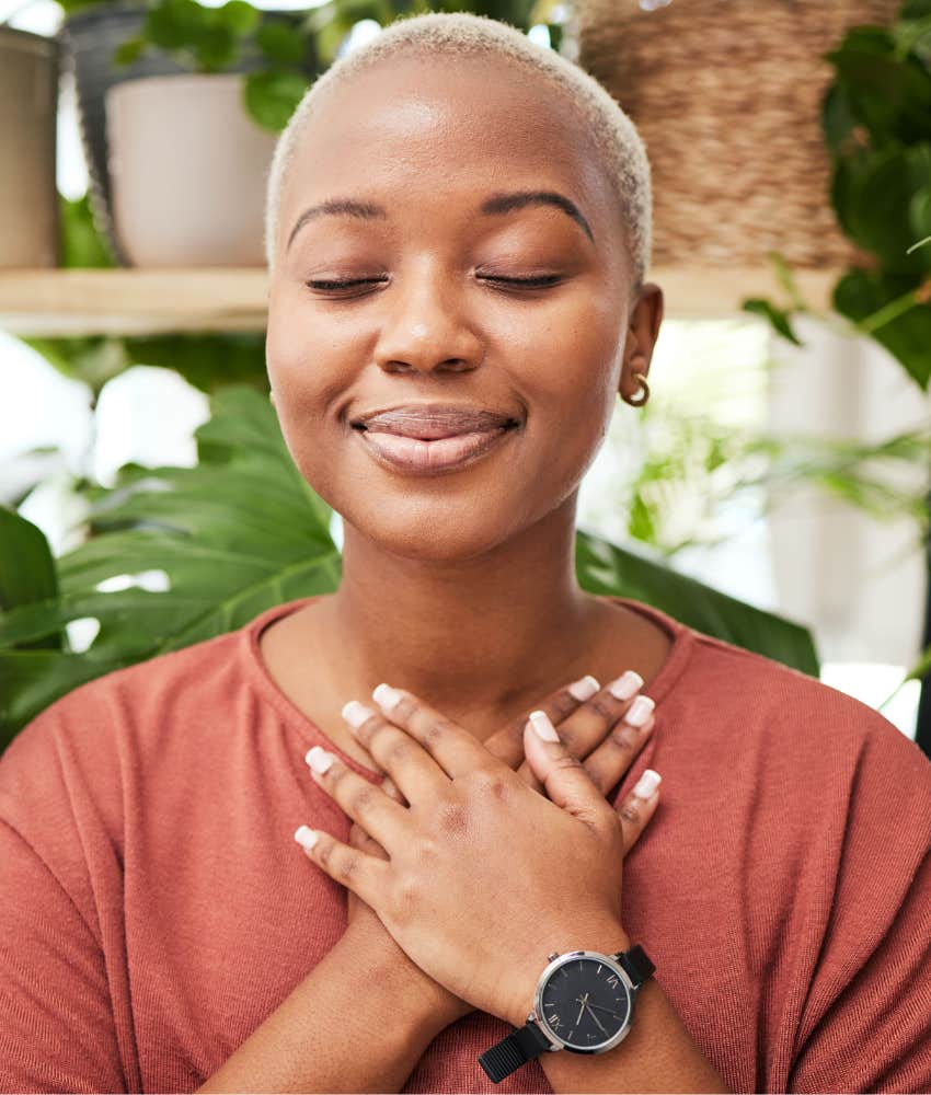 Peaceful person breathing deeply showing way to keep calm