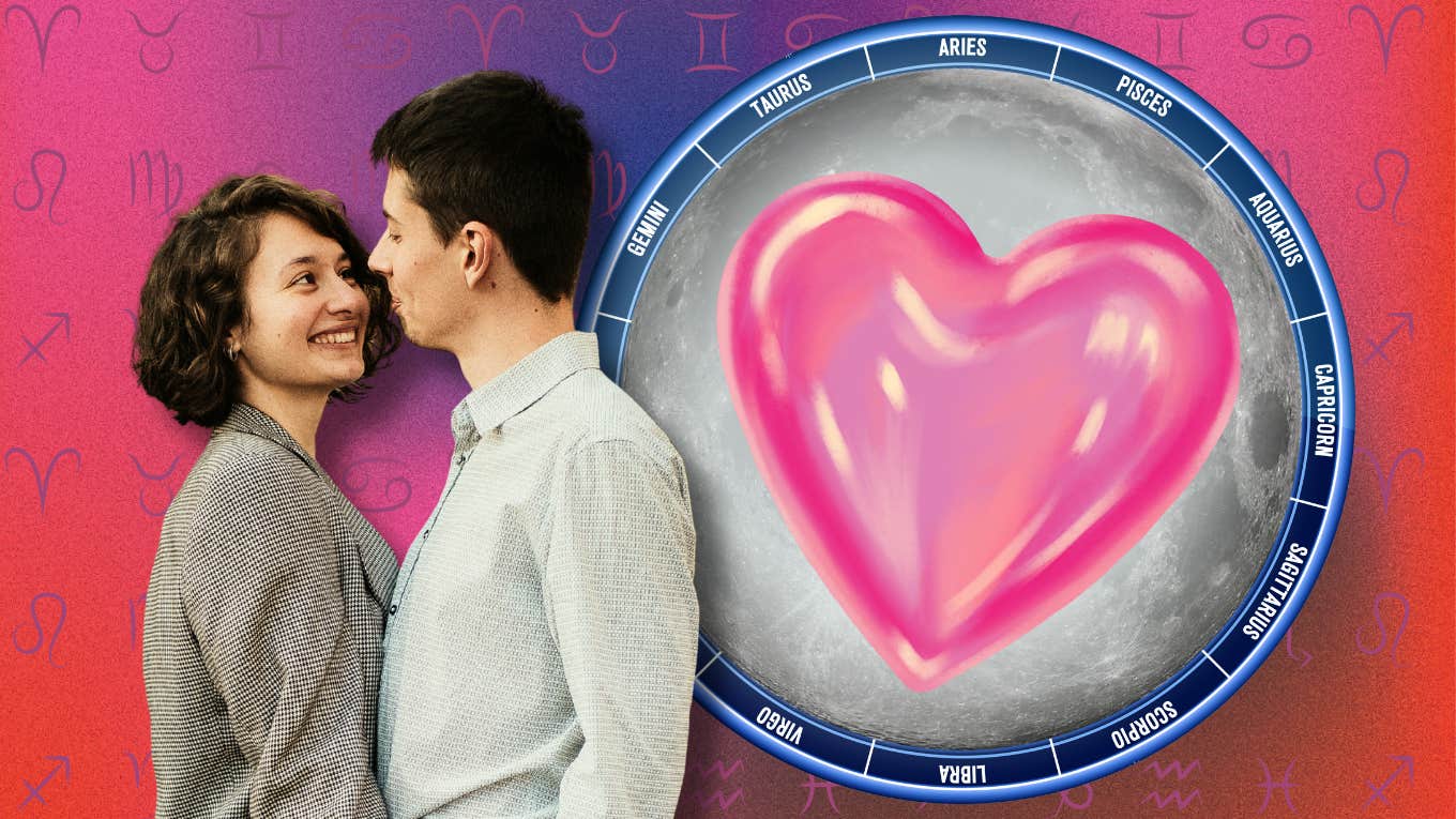 couple standing in front of a zodiac wheel with a pink heart and full moon, representing love horoscopes for December 4, 2025