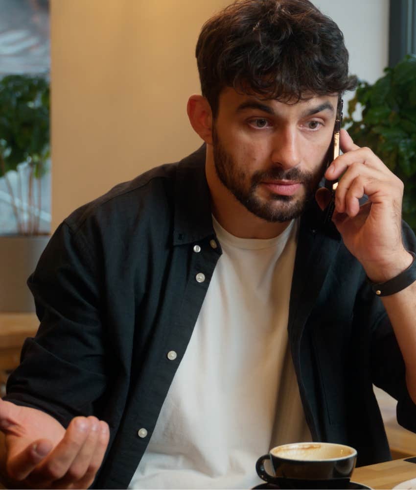 Upset man on phone can't let go showing clingy emotions