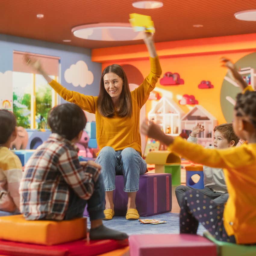 Teacher singing raining pouring old man snoring nursery rhyme despite dark meaning