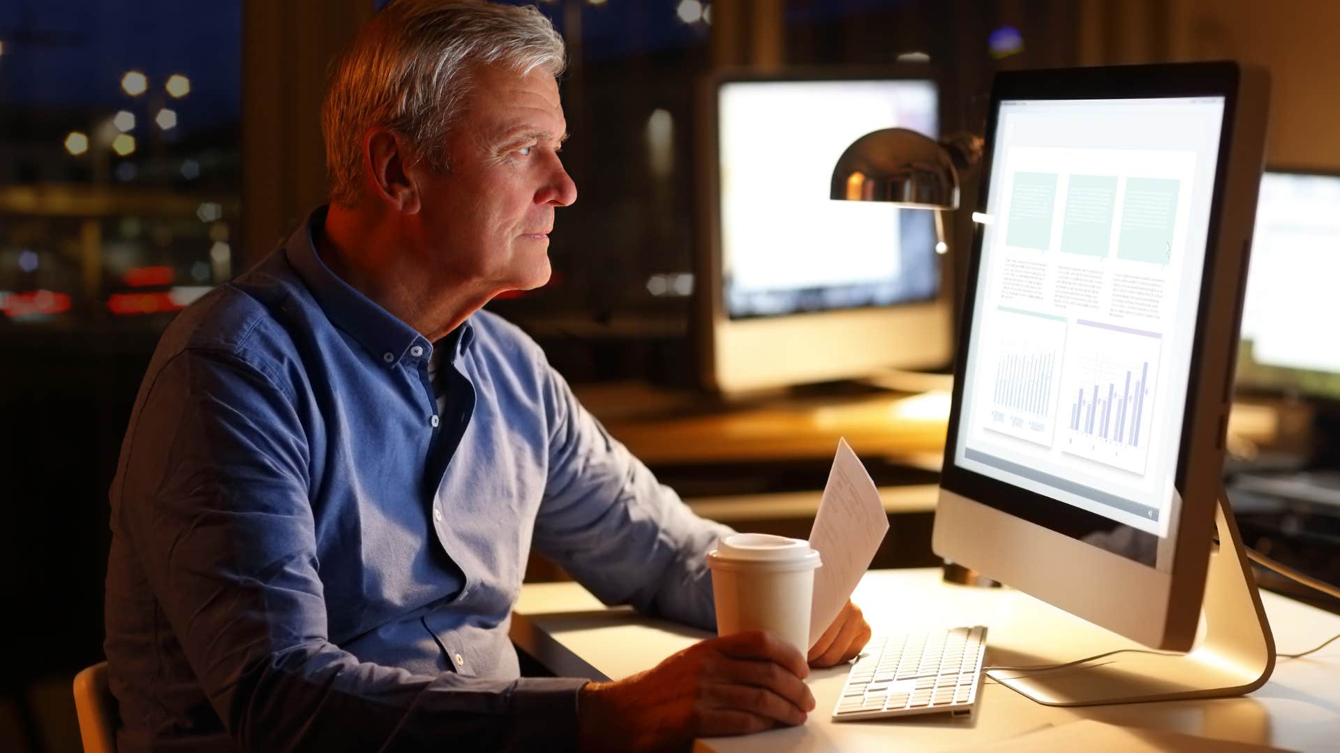 man who fears the responsibilities of the next day working late at night