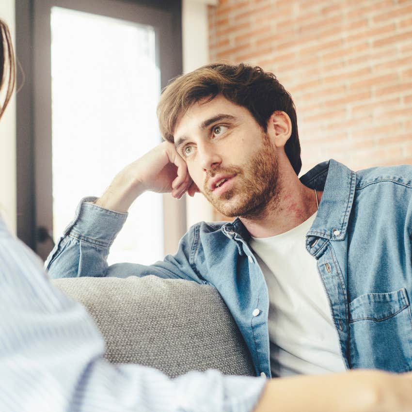 Man saying "I did that a while ago" to his wife.