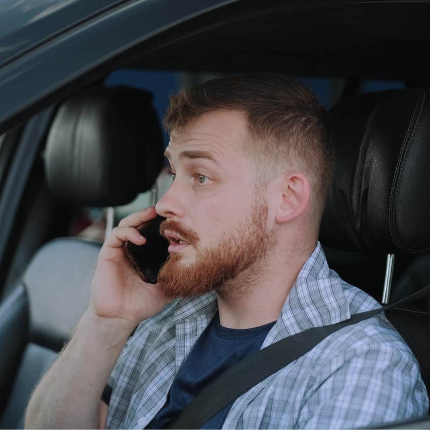 Man saying "trust me, I've got this" on the phone from the car.