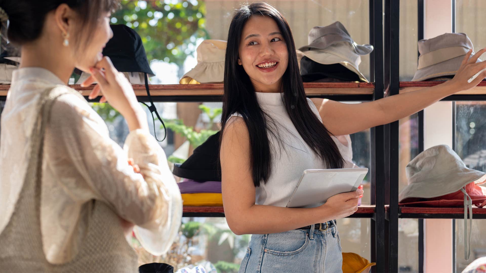 upper class woman shopping saying item is so cheap