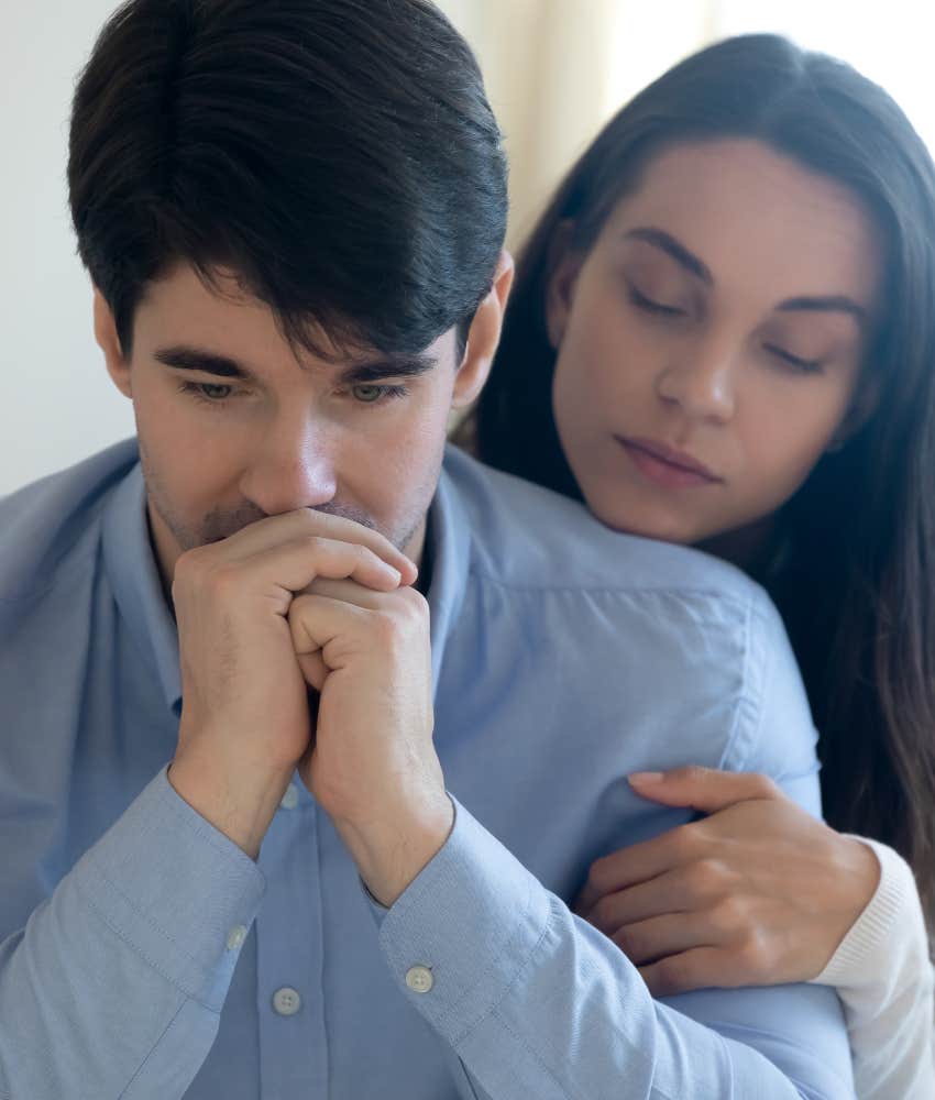 Upset man cries about ex to new partner showing person on rebound