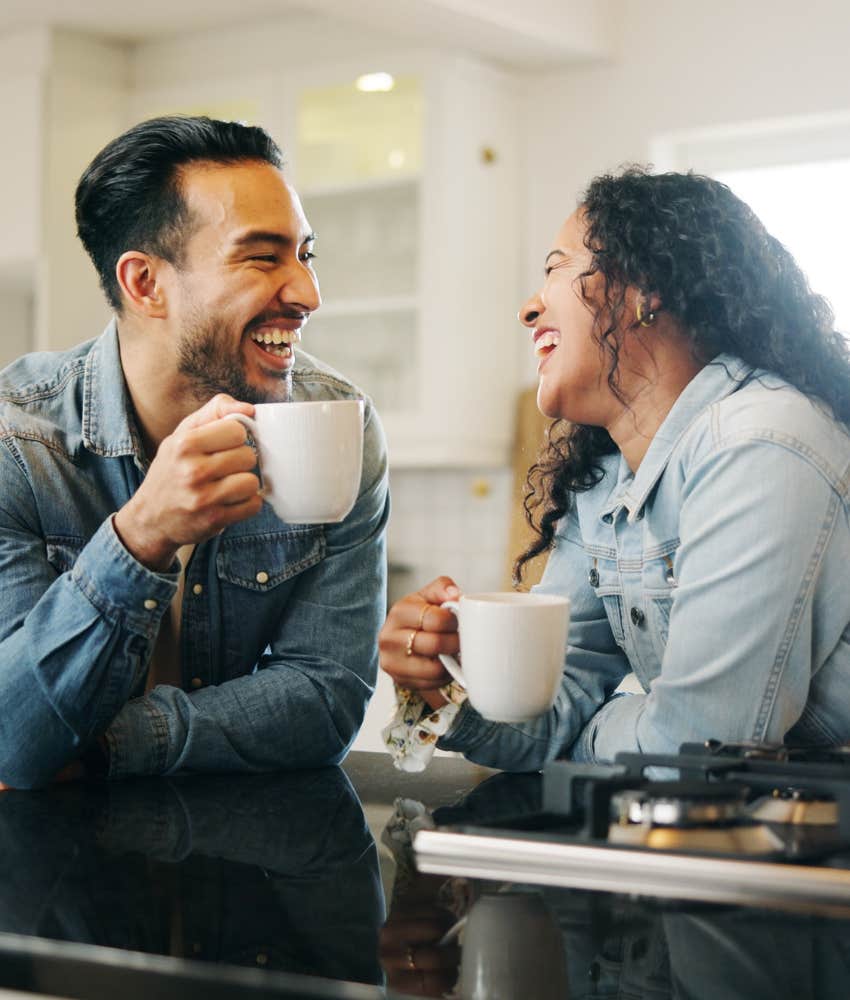 Happy couple laugh showing good condition for love