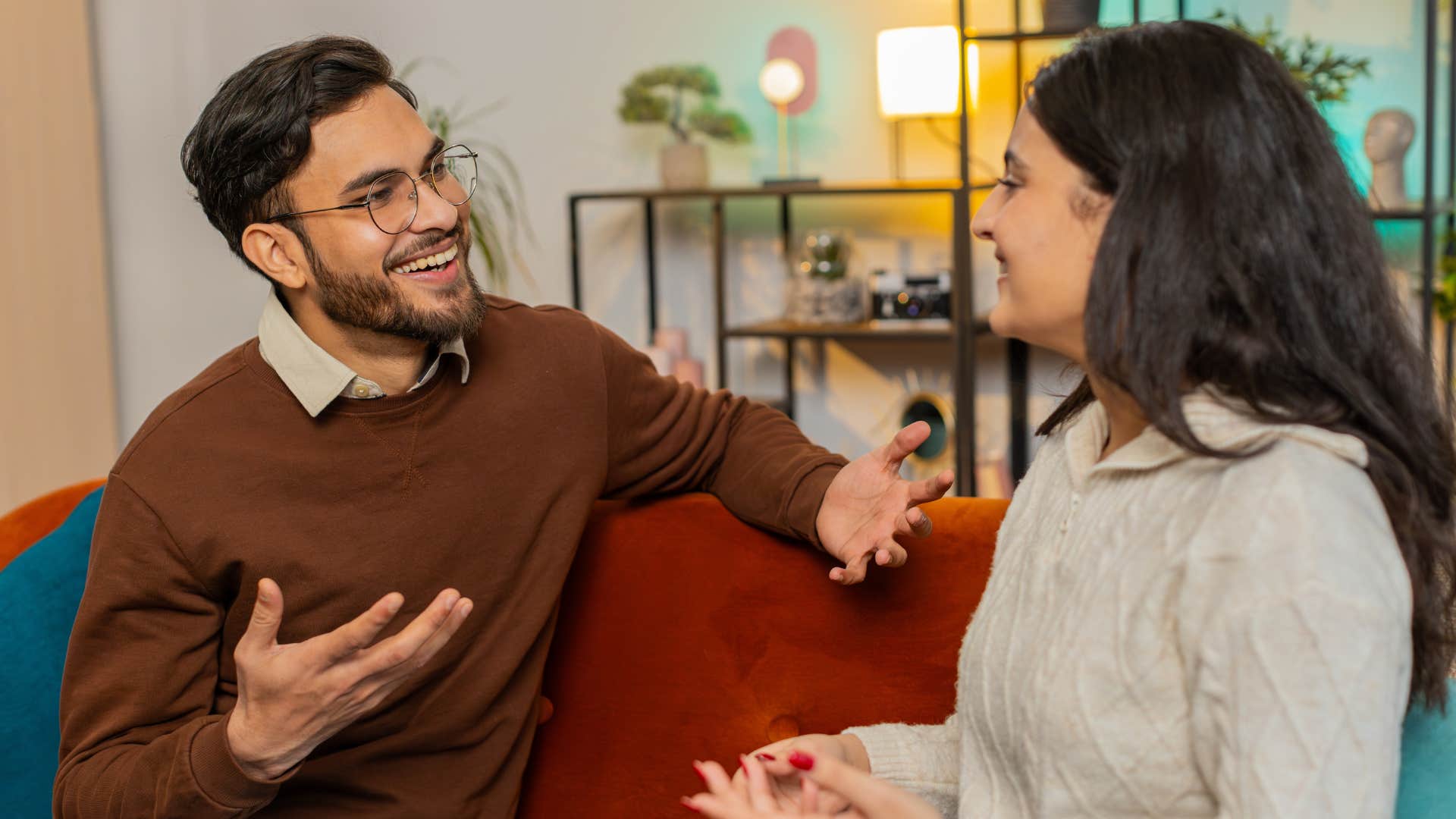 healthy couple talking about their family ties