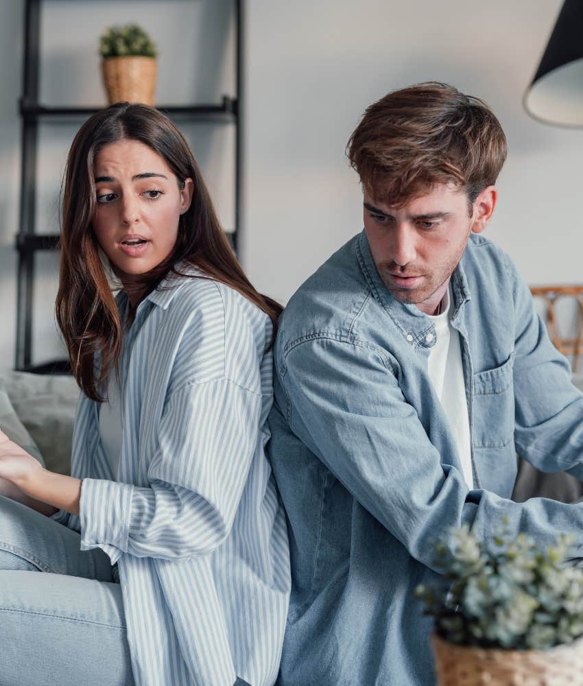 Upset couple argue back-to-back showing both have a part