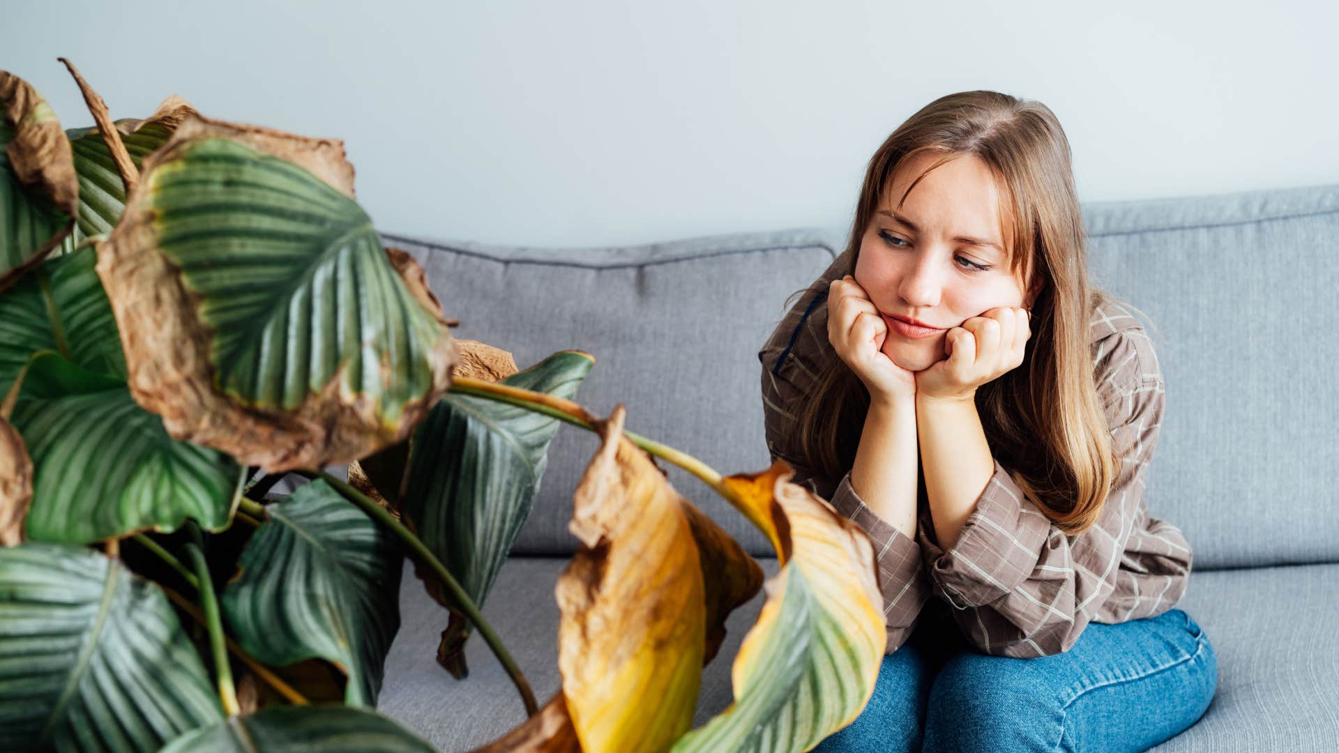 lonely sad woman looking at dead plants in her home