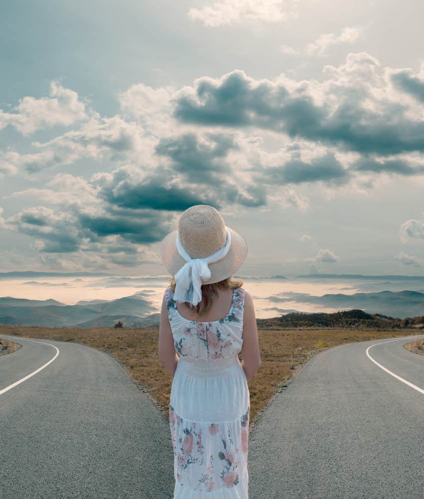 Lucky woman standing at a crossroads who is ready to leap at a new opportunity