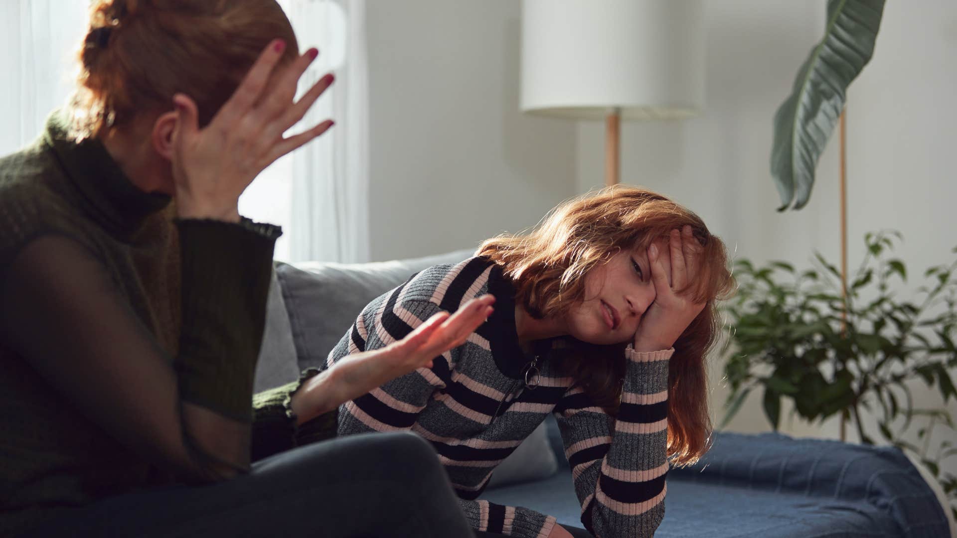 teenage daughter annoyed as she receives lack of consequences for harmful behavior from mom