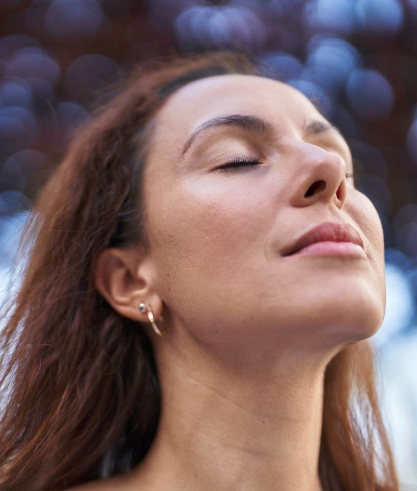 Calm person closes eyes to stop analyzing showing way to handle stress