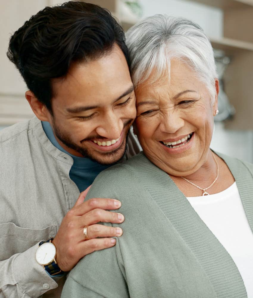 Forgiving son remembers to embrace mother showing healing from growing up