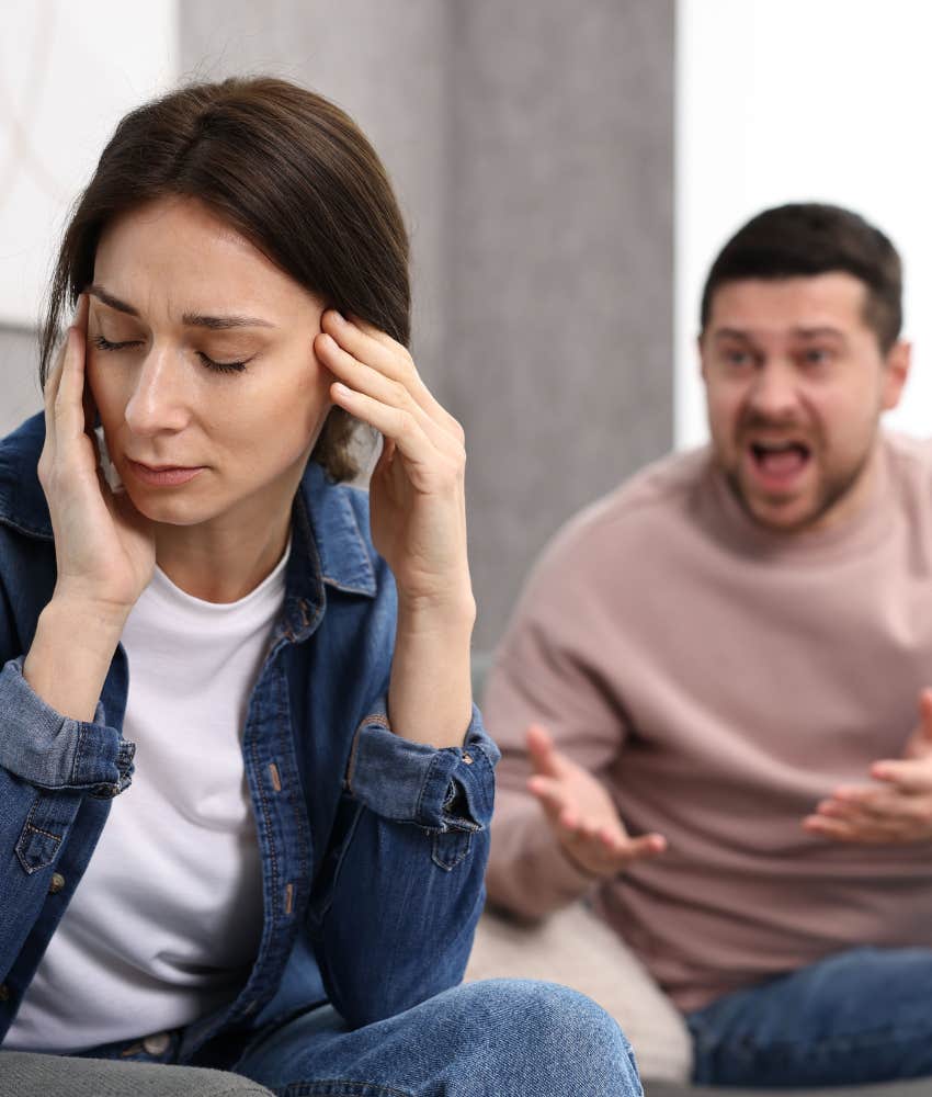 Angry husband yells at good wife showing he is not being responsible 